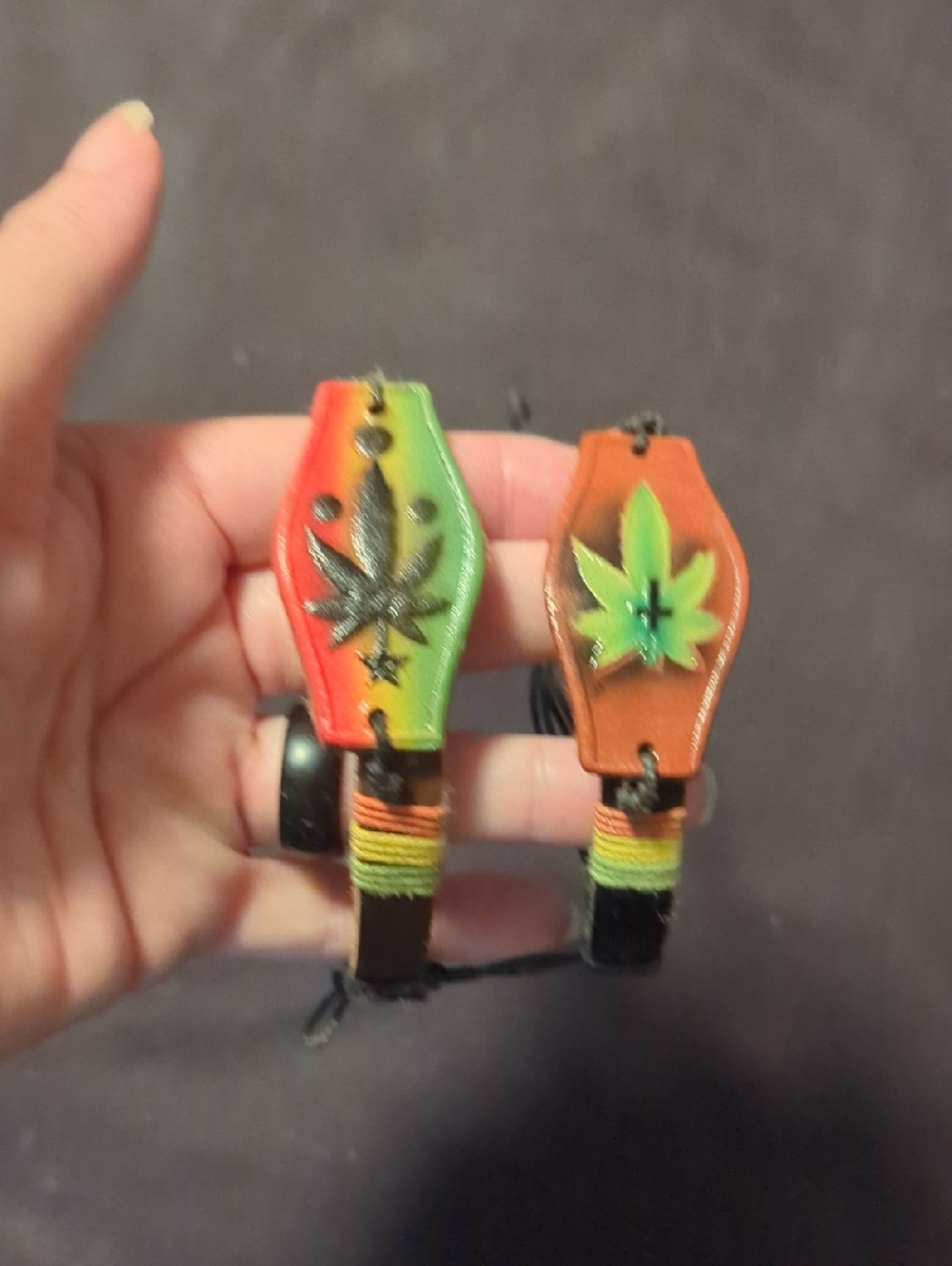 Handmade Leather Leaf Bracelet Set in Rasta Colors
